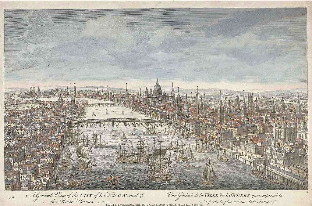 A hand-coloured engraving: a general view of the City of London from the River Thames